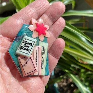 Vtg Book Pin by Lucinda Check Out Books Read Literature Librarian Brooch